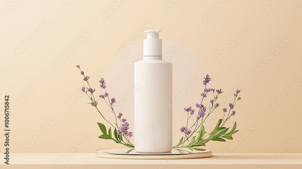 Minimalist skincare bottle with lavender accents on display Minimalist skincare bottle with lavender accents on display