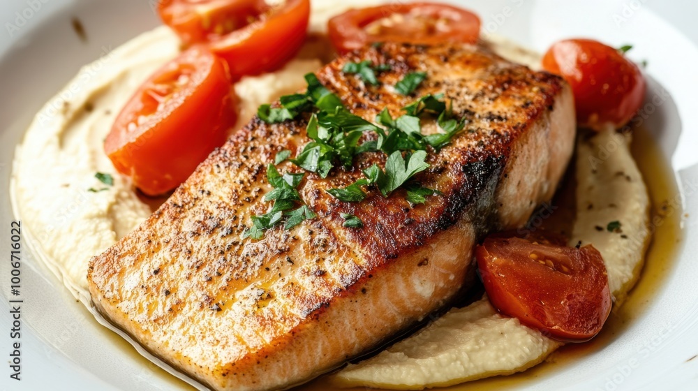 Salmon steak paired with creamy hummus and juicy tomatoes, beautifully arranged on a white plate, close-up top view. Salmon steak paired with creamy hummus and juicy tomatoes, beautifully arranged on a white plate, close-up top view.