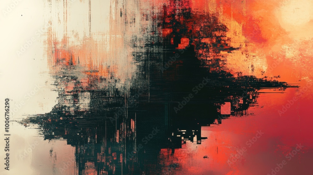 An abstract piece featuring glitch-like streaks in orange and black, symbolizing chaos and digital malfunctions. An abstract piece featuring glitch-like streaks in orange and black, symbolizing chaos and digital malfunctions.
