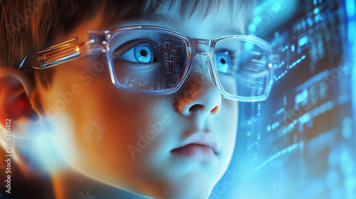 Wallpaper Mural Young child immersed in digital data visualization, exploring technology and coding concepts at a futuristic setting. Torontodigital.ca