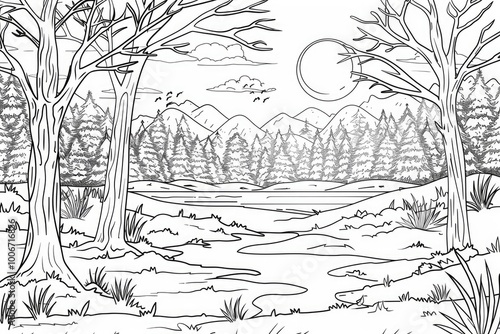 Coloring book illustration of a sunny winter day in a tranquil forest