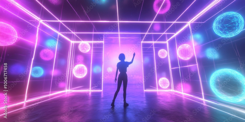 Fototapeta premium a person standing in a room with neon lights