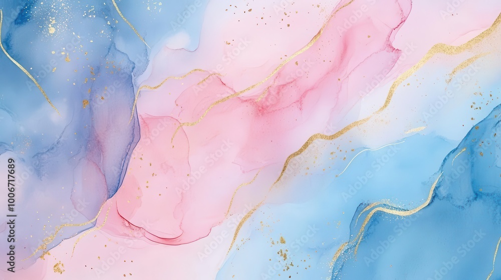 Naklejka premium soft pastel pink and blue watercolor background with golden accents, abstract watercolor