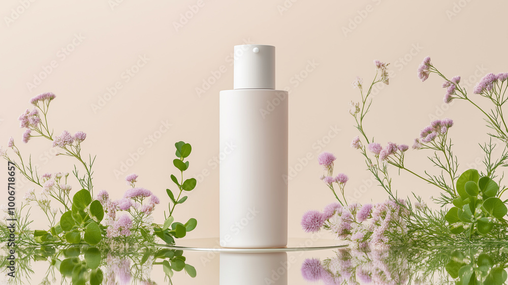 Minimalist skincare bottle surrounded by delicate flowers Minimalist skincare bottle surrounded by delicate flowers