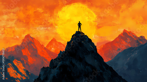 Sunset silhouette of a triumphant person atop a mountain peak. Mountain Peak. Illustration