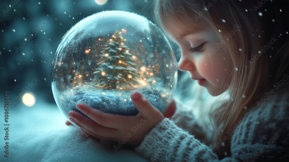Naklejka premium Young child holds a shimmering snow globe filled with tiny Christmas tree inside during a snowy evening in winter wonderland.