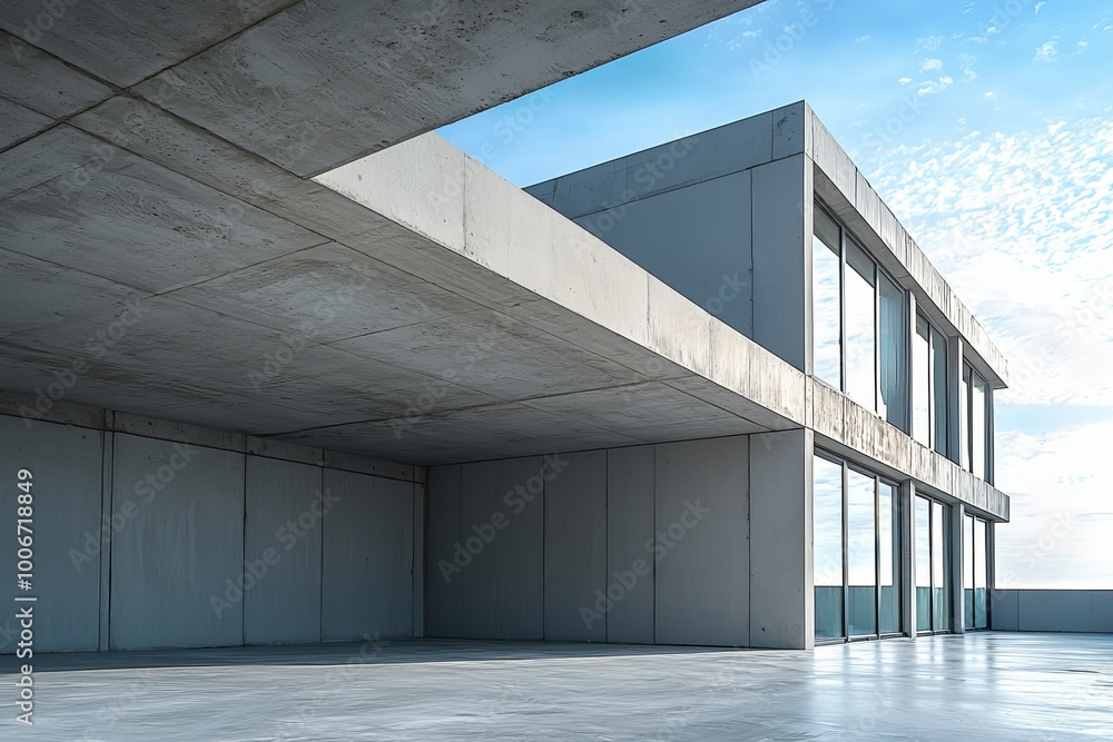 Obraz premium New house made entirely of concrete, modern style, blue sky,8k 