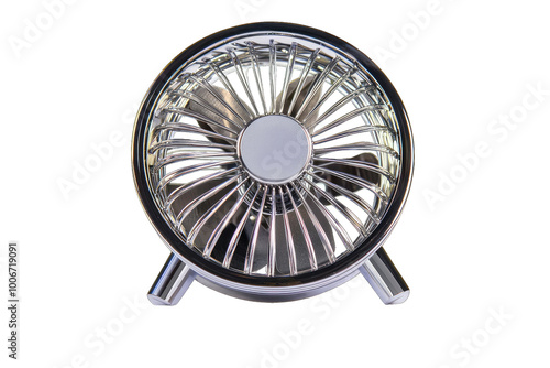 A sleek metal fan designed for efficient airflow, ideal for personal use in modern living spaces or offices. photo