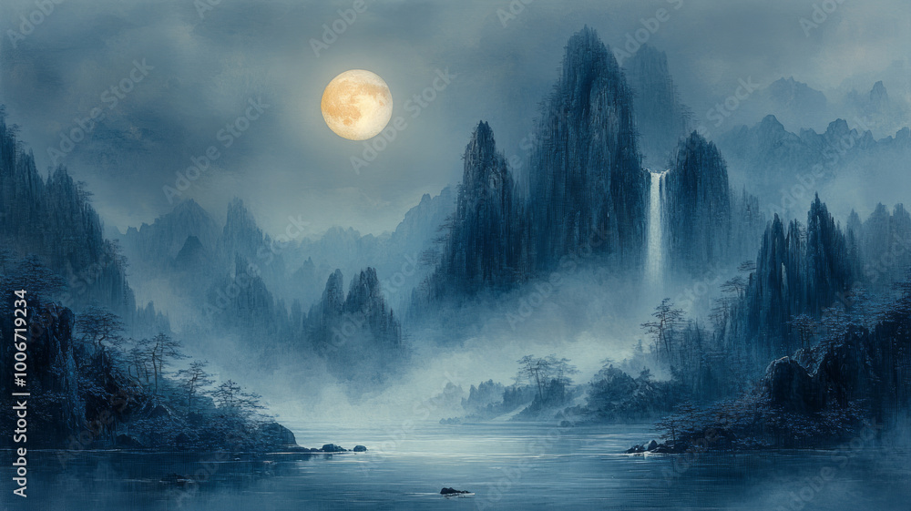 Fototapeta premium Traditional Chinese ink landscape painting,