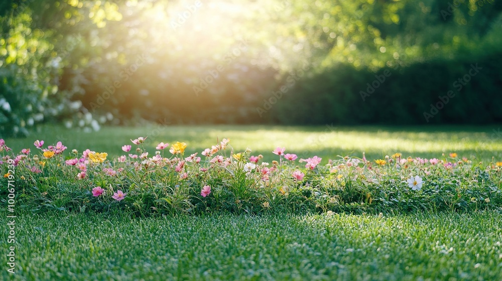 Fototapeta premium Vibrant Flower Bed in Sunlit Garden Setting