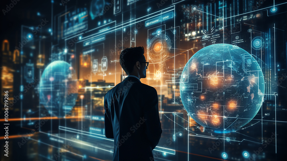 Fototapeta premium Man Managing Digital Screens with High-Tech Icons, Futuristic Interface, Innovative Technology, and Modern Digital Interaction.