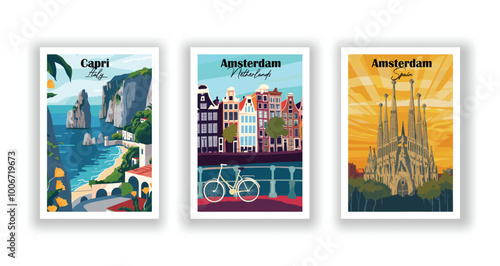 Capri, Italy, Barcelona, Spain, Amsterdam, Netherland - Set of 3 Vintage Travel Posters. Vector illustration. High Quality Prints