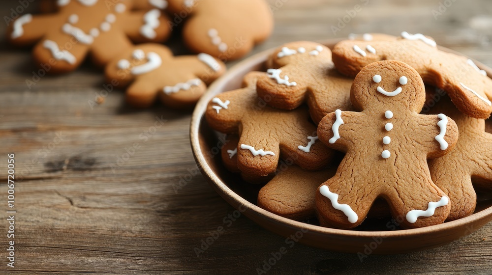 Wooden table featuring a plate of festive gingerbread cookies, ideal for Christmas card designs with blank space for your message Wooden table featuring a plate of festive gingerbread cookies, ideal for Christmas card designs with blank space for your message