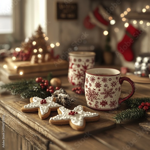 Warm holiday scene featuring cookies, festive decorations, and a cozy mug, perfect for winter and Christmas celebrations.