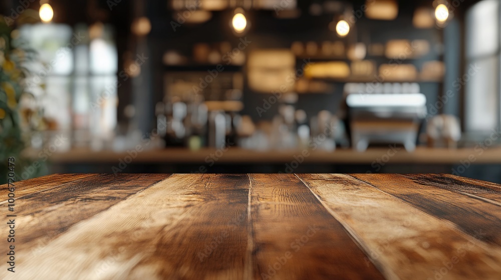 Wooden tabletop in focus with a bokeh effect coffee shop behind, providing an inviting backdrop for product display or text. Wooden tabletop in focus with a bokeh effect coffee shop behind, providing an inviting backdrop for product display or text.