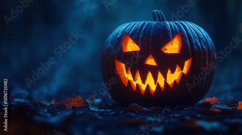 Wallpaper Mural spooky carved pumpkin with glowing eyes and jagged grin, dramatically lit from within against a dark background, creating an eerie halloween atmosphere Torontodigital.ca