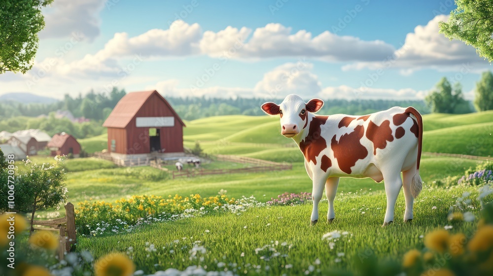 A curious cow stands gracefully in a lush green field, embodying the serene beauty of rural life and farming. Generative AI