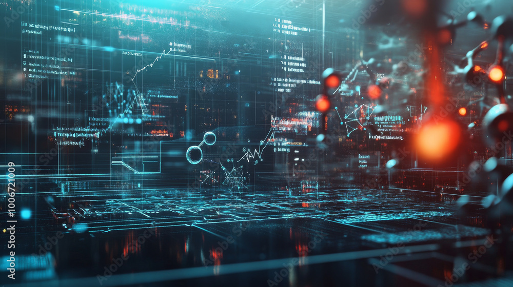 Fototapeta premium An abstract depiction of scientific research, with floating equations and molecular structures set against a high-tech backdrop