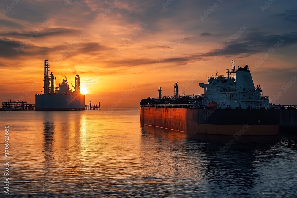 Silhouetted oil tanker at sunset with refinery in background Silhouetted oil tanker at sunset with refinery in background