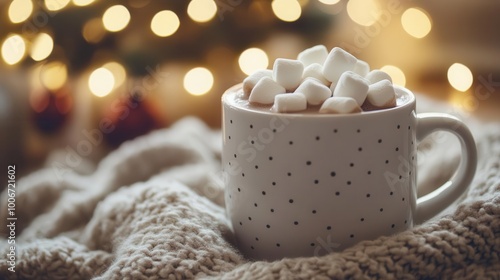 steaming mug of rich hot cocoa topped with fluffy marshmallows, soft focus christmas lights twinkling in background, cozy winter ambiance