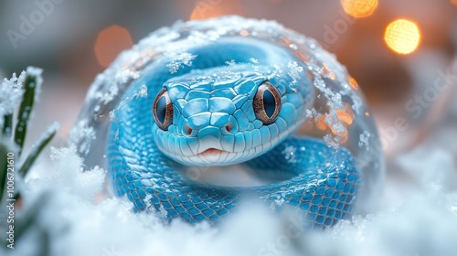Christmas Tree and snake inside snow ball on snow winter background. Generative AI