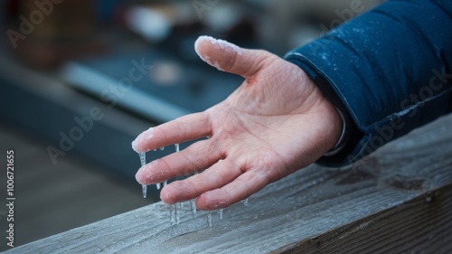 a frost-covered hand with a few icicles hanging from the fingers.