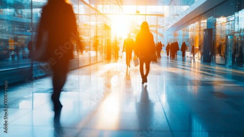 Busy City Walkway at Sunset with Silhouetted Figures
