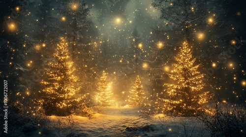 Enchanting Christmas Forest with Evergreen Trees Illuminated by Glowing Lights, Creating a Magical Winter Wonderland Scene