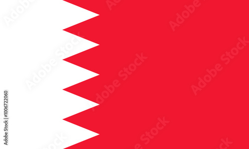 National Flag Kingdom of Bahrain, white field on the hoist side separated from a larger red field on the fly by five white triangles in the form of a zigzag pattern