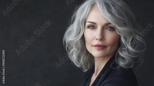 striking portrait of a confident middle-aged woman with elegant gray hair, radiating wisdom and grace in a timeless style