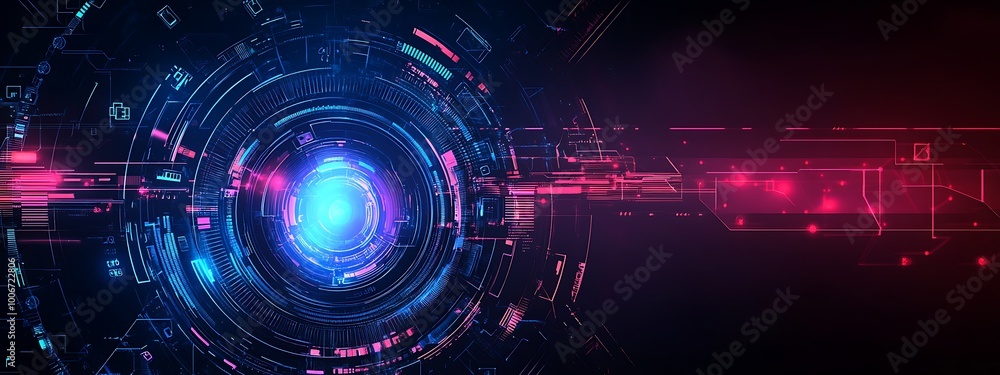 Fototapeta premium Abstract technology background with glowing blue and pink lights, digital elements, and a futuristic circle in the center.