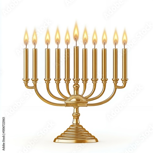 A golden menorah with nine lit candles.