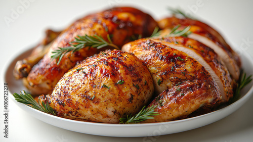 Roasted turkey on a dish, isolated on a white background.