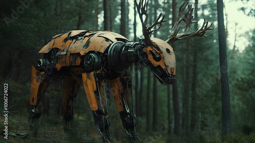  A robotic deer in the forest, made of wood and metal with antlers on its head.