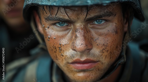 Close-up of a soldier's determined expression, covered in dirt.