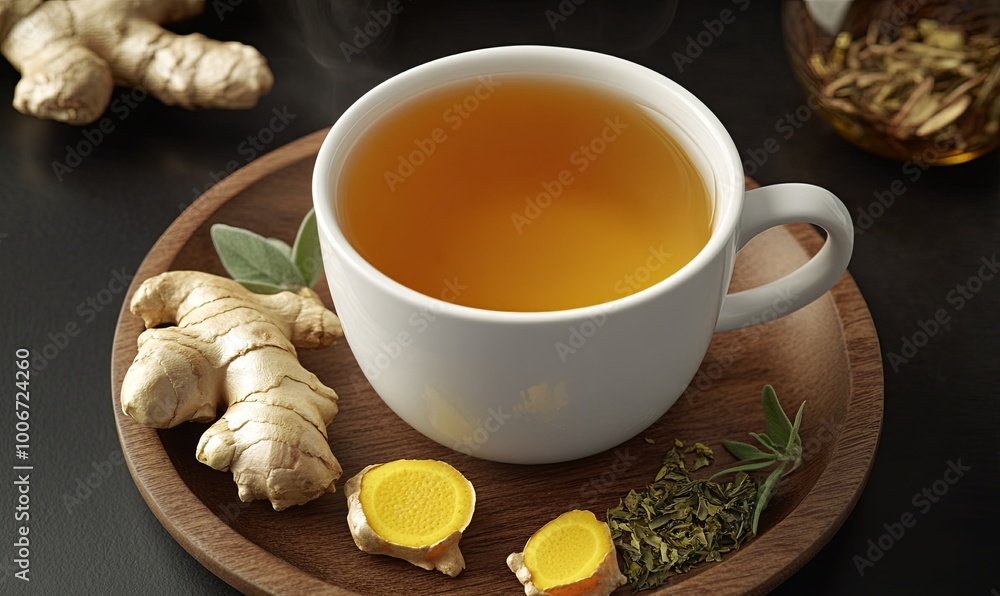 A cup of ginger tea with turmeric and tea leaves on a wooden tray. A cup of ginger tea with turmeric and tea leaves on a wooden tray.