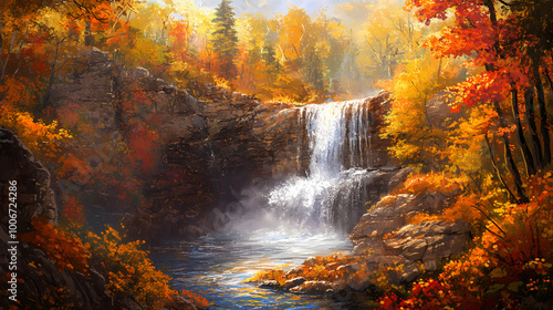 Stunning cliffside waterfall cascading through vibrant autumn foliage in a serene forest landscape, perfect for nature lovers and hikers. Cliffside Waterfall. Illustration