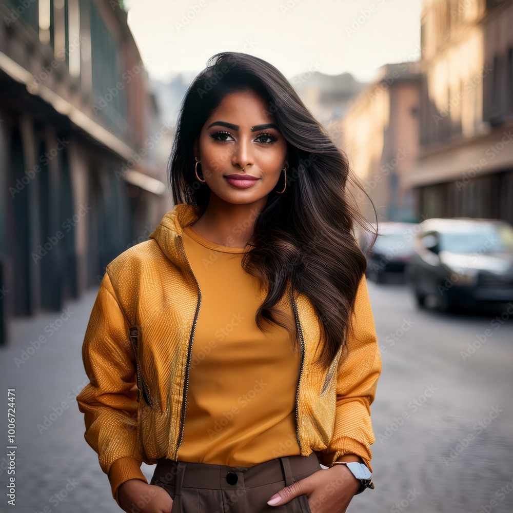 A woman confidently showing off her new trendy streetwear outfit, posing in an urban setting. A woman confidently showing off her new trendy streetwear outfit, posing in an urban setting.