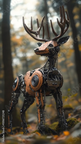  A robotic deer in the forest, made of wood and metal with antlers on its head.