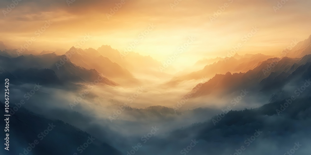Obraz premium Golden light illuminates misty mountain peaks at sunrise.