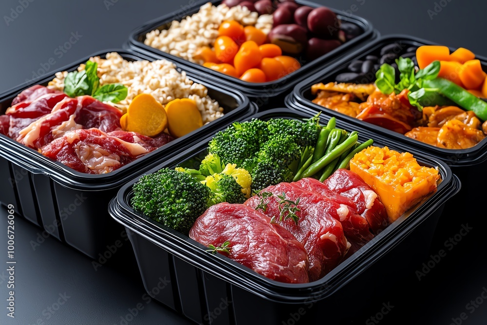 3D-rendered meal prep containers for a blood type diet, with fully animated portions of foods like lean meats, vegetables, and grains organized for each blood group. 3D-rendered meal prep containers for a blood type diet, with fully animated portions of foods like lean meats, vegetables, and grains organized for each blood group.