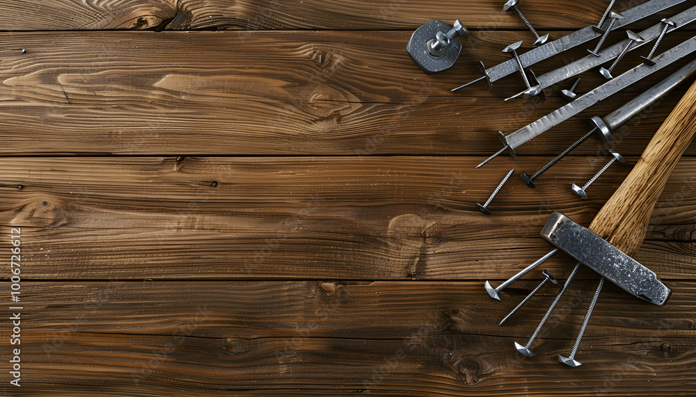 Hammer and metal nails on wooden table, flat lay Hammer and metal nails on wooden table, flat lay