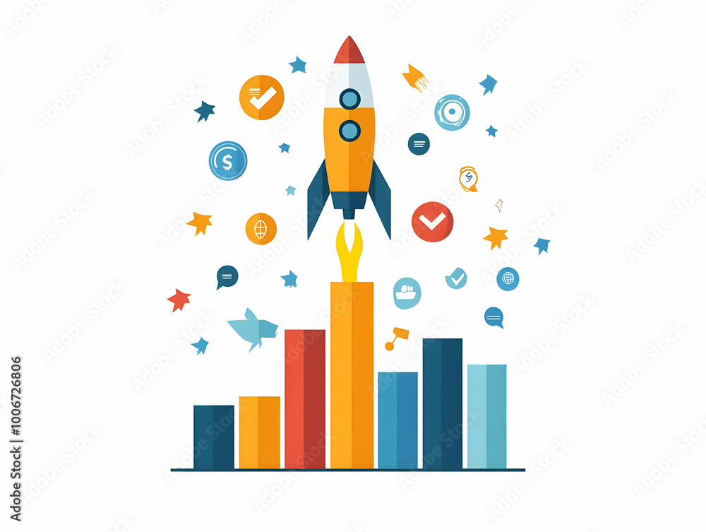 Flat Isolated Rocket Launching from Bar Chart - Vector Image Symbolizing Rapid Growth and Business Success for Financial Infographics Flat Isolated Rocket Launching from Bar Chart - Vector Image Symbolizing Rapid Growth and Business Success for Financial Infographics