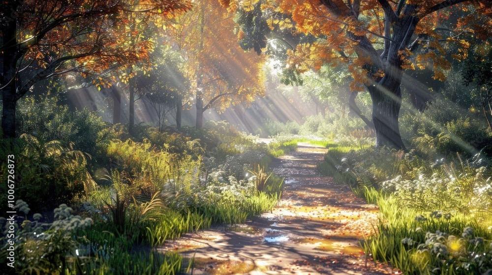 Sunbeams Through Autumn Forest Sunbeams Through Autumn Forest