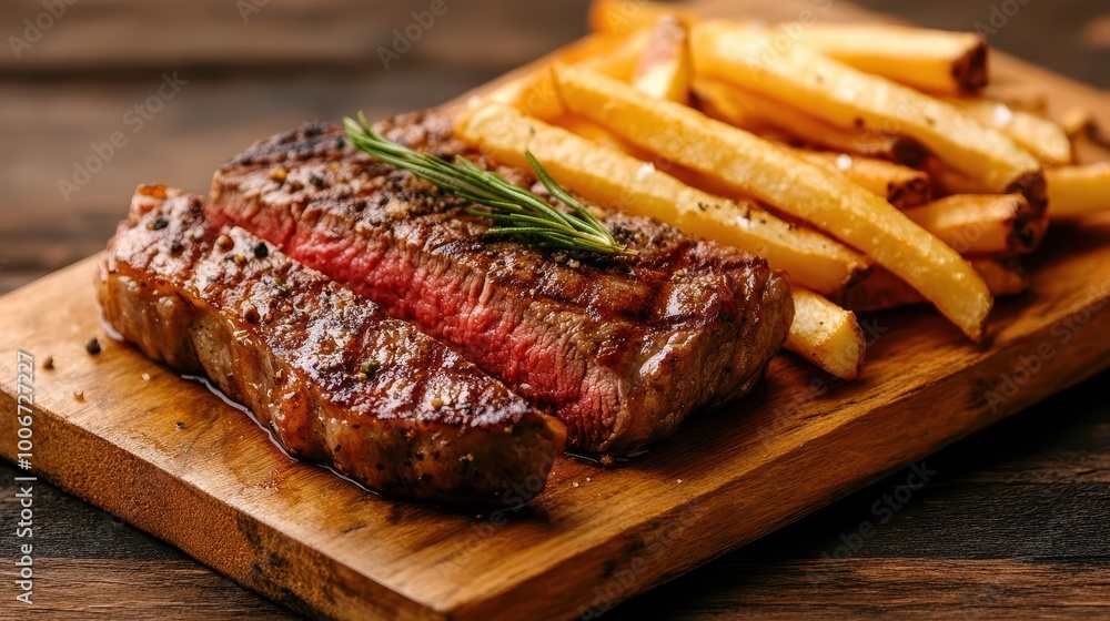 succulent steak seared to perfection, accompanied by crispy golden fries. served on rustic wooden board. rich colors, tempting textures, and appetizing presentation. soft, warm lighting. succulent steak seared to perfection, accompanied by crispy golden fries. served on rustic wooden board. rich colors, tempting textures, and appetizing presentation. soft, warm lighting.
