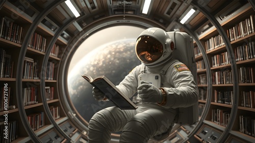 Astronaut reading a book in floating space station library