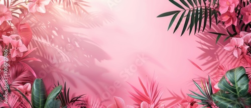 A vibrant tropical background featuring lush green palm leaves and pink orchids creating a serene and colorful atmosphere for various design and decoration projects