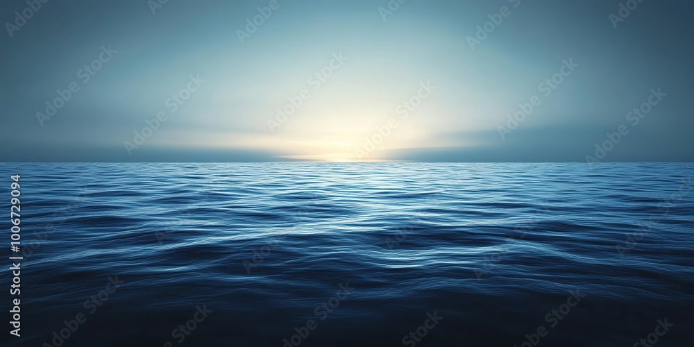 Fototapeta premium Tranquil ocean scene with a soft, golden sunset horizon.