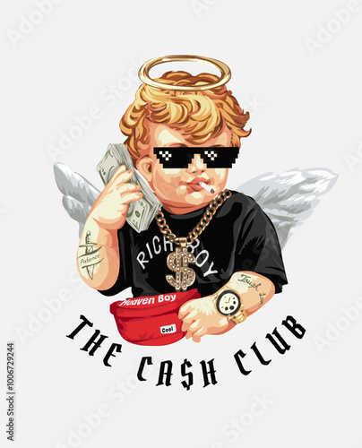 the cash club slogan with cherub angel in sunglasses and gold necklace vector illustration