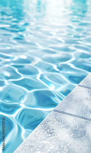 A serene close-up of gentle ripples in a crystal-clear swimming pool, reflecting light and offering a calming atmosphere.